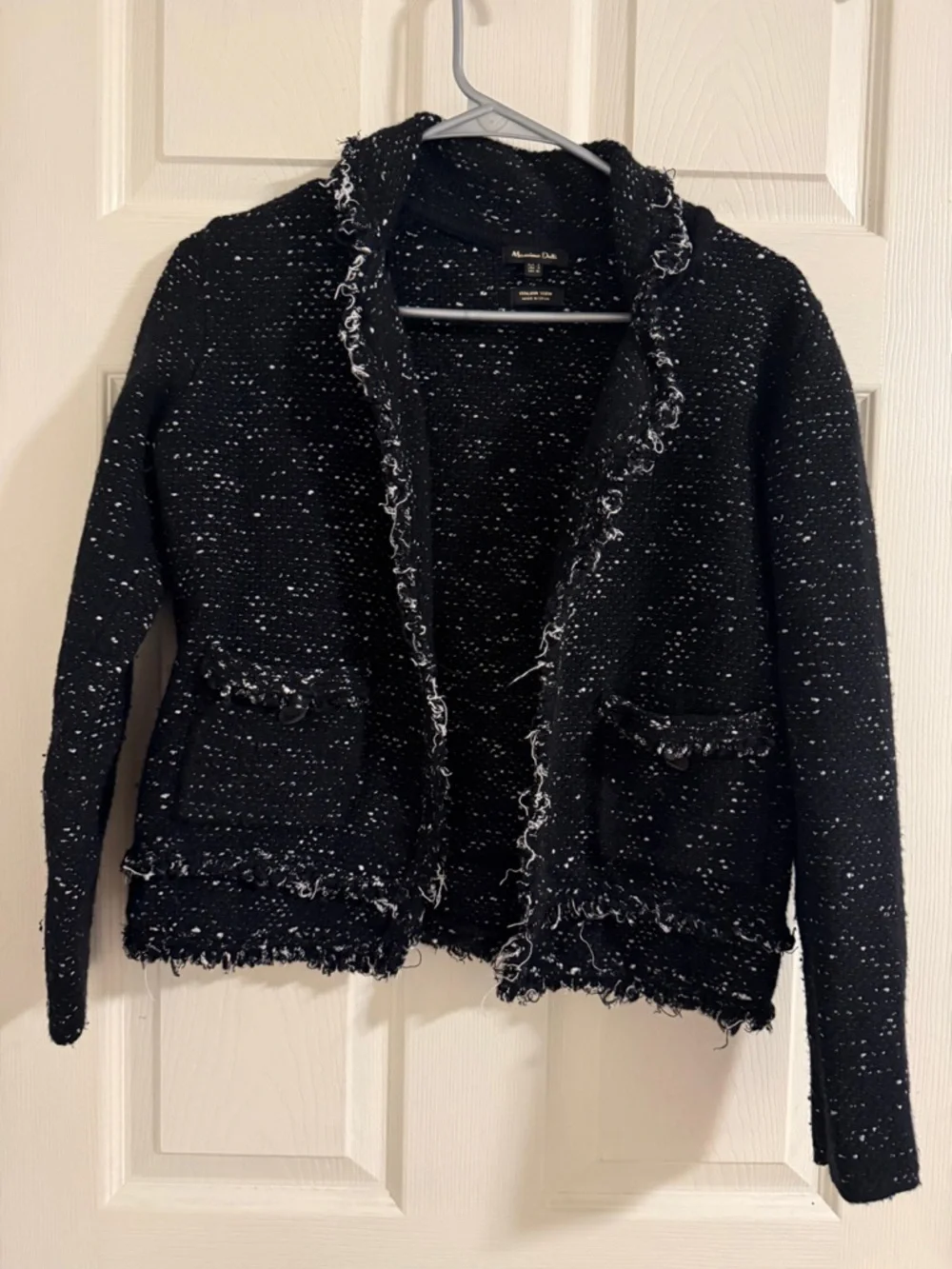 Massimo Dutti Black Bouclé Open-Front Cardigan with Fringe Trim - Picture 2 of 4